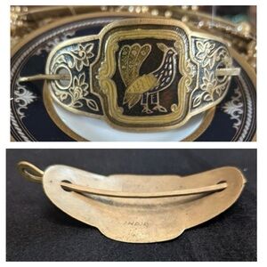 Vintage Brass & Enamel Peacock Hairpin Barrette